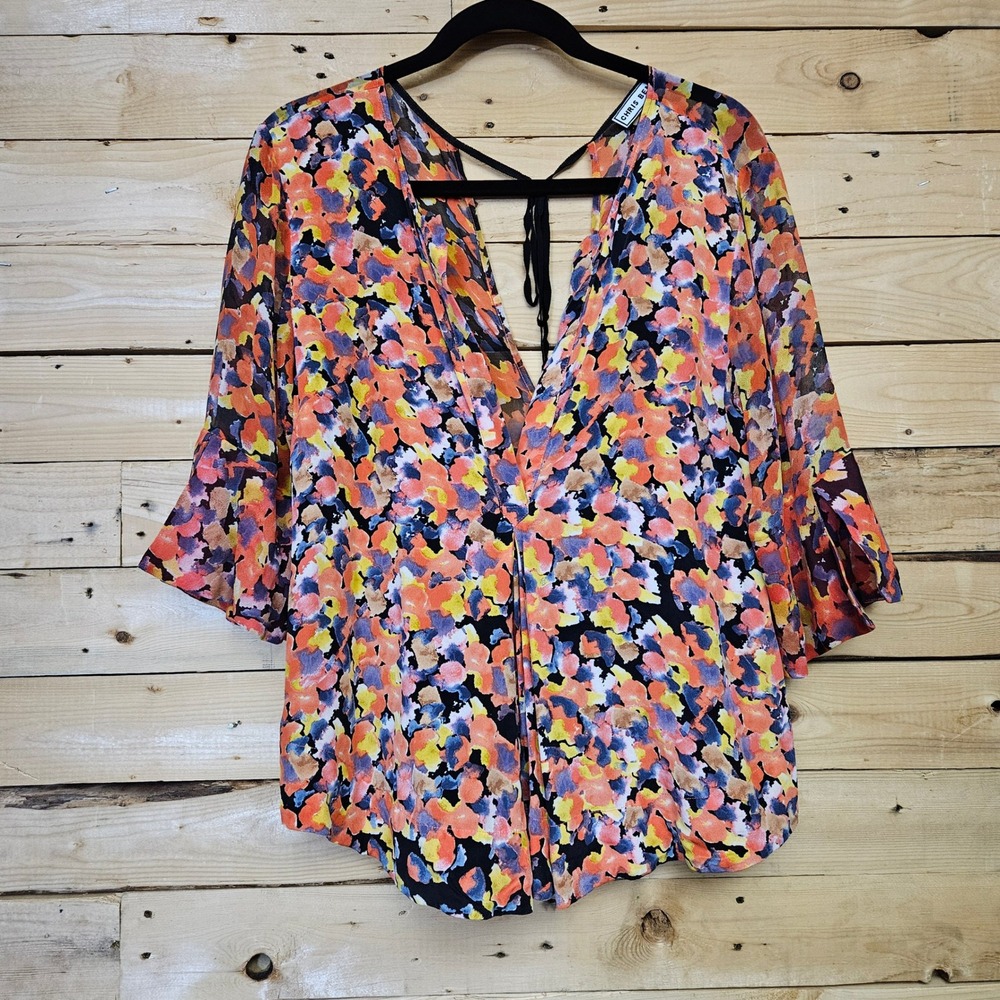 Chris Benz 100% Silk Floral V-Neck Blouse Bell Sleeve Tie Back Multicolor Size 8